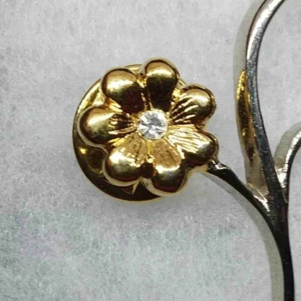 Vintage 1990 Push Back FLORAL lapel Pin gold tone Clear Rhinestone